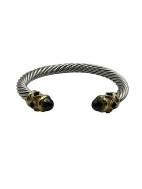 Green stone silver tone & gold tone twisted open cuff bracelet